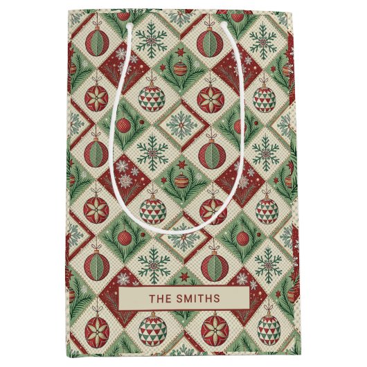 Oude Patchwork Quilted Kerstpatroon Medium Cadeauzakje (Voorkant)