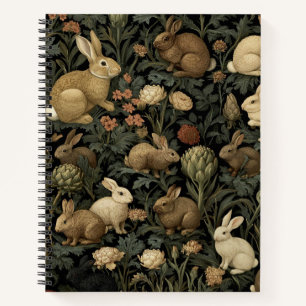 Oude patroon van boskonijn met donkere botanische notitieboek
