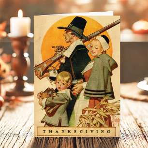 Oude Pelgrim Familie Thanksgiving Feestdagen Kaart