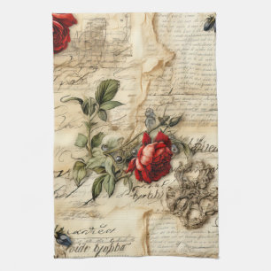 Oude Pergamenten Liebesbrief met Bloemen Theedoek