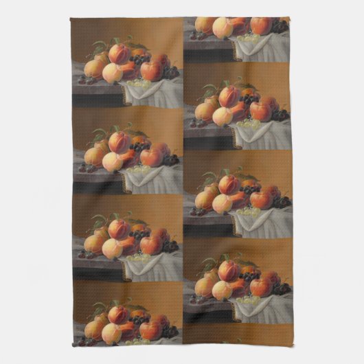 Oude Perziken Druiven Stilleven Schilderij Theedoek (Verticaal)