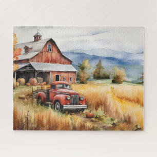 Oude pick-up truck en rode schuur in de herfst 16x legpuzzel
