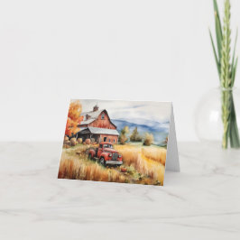 Oude pick-up truck en rode schuur in de herfst lee notitiekaartje