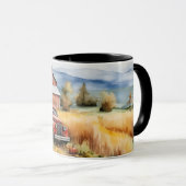 Oude pick-up truck en rode schuur in de herfst mok (Voorkant rechts)