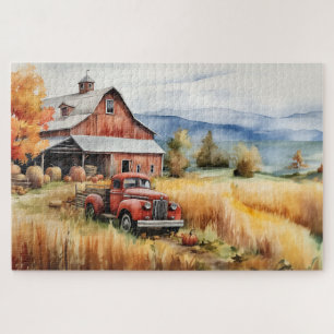 Oude pick-uptruck en rode schuur in de herfst 20x3 legpuzzel
