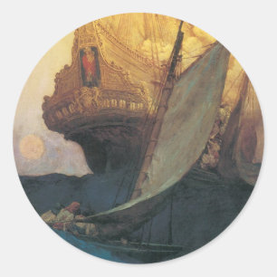 Oude Piraat, Aanval op een Galjoen door Howard Pyl Ronde Sticker