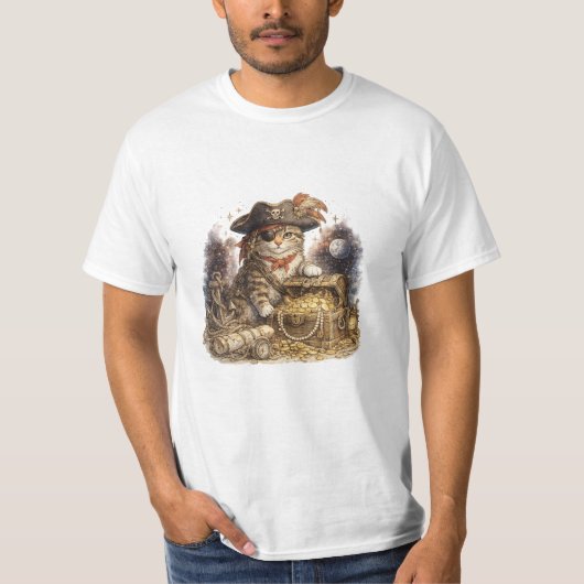 Oude Piraat Kat met Schatkist T-shirt (Voorkant)