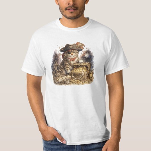 Oude Piraat Kat met Schatkist T-shirt (Voorkant)