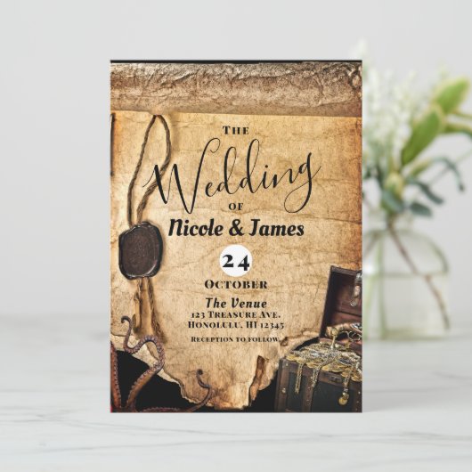 Oude  piraat Scroll Wedding Kaart (Staand voorkant)