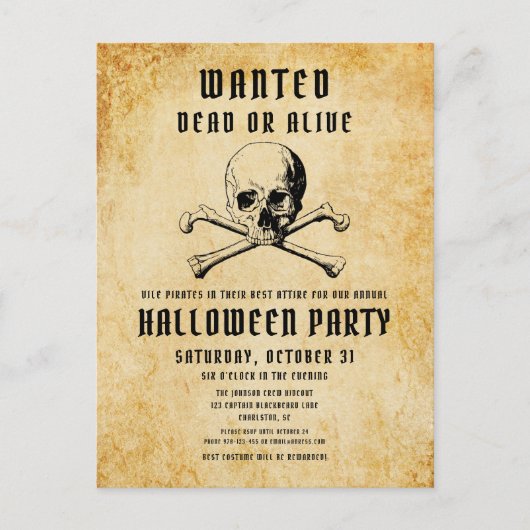 Oude Piraten Schedel & Botten Halloween Uitnodiging Briefkaart (Voorkant)
