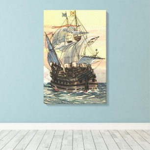 Oude piratenschip, galjoen zeilt op de oceaan canvas afdruk