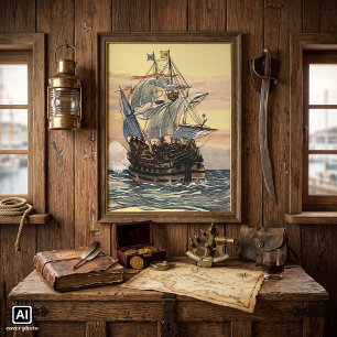 Oude piratenschip, galjoen zeilt op de oceaan poster