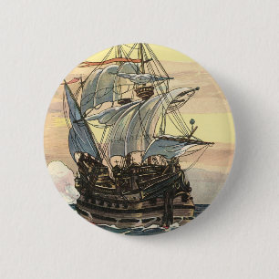 Oude piratenschip, galjoen zeilt op de oceaan ronde button 5,7 cm