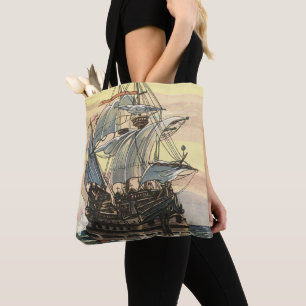Oude piratenschip, galjoen zeilt op de oceaan tote bag