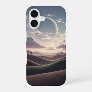 Oude planeet met ringen boven de heuvels iPhone 16 hoesje