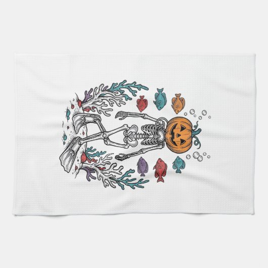 Oude Pompoen Skelet Duiker Halloween Vis Desi Theedoek (Horizontaal)