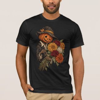 Oude pompoen vogelverschrikker met herfstbloemen t-shirt