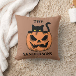 Oude pompoen zwarte Halloween kat familienaam Kussen