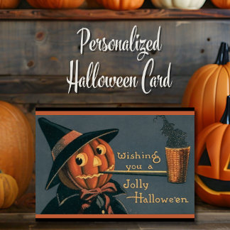 Oude Pompoenheks en Pijp Halloween Feestdagen Kaart