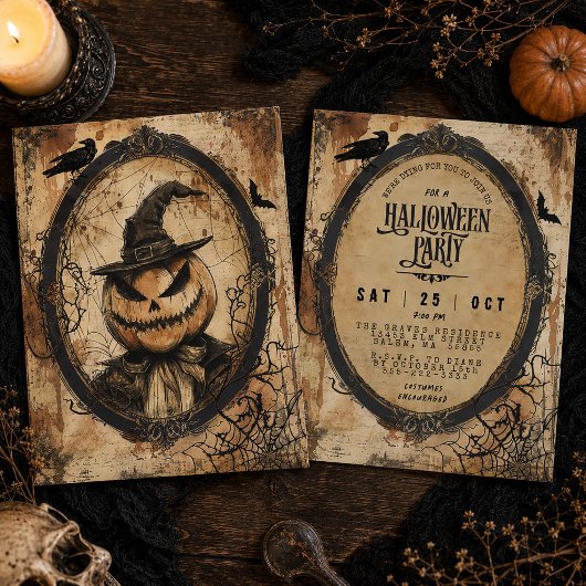 Oude Pompoenhoofd Vogelverschrikker Halloween Fees Kaart