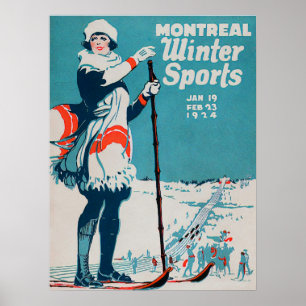 Oude poster Skiing 1924 in Montreal wintersport