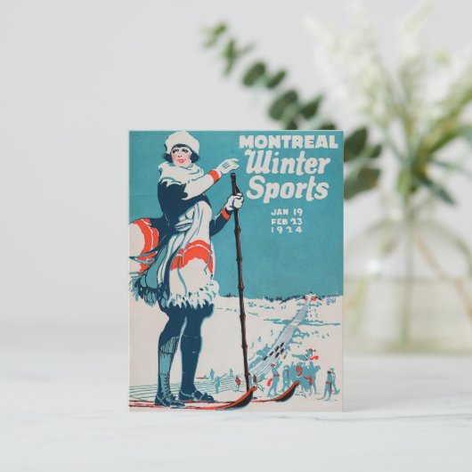 Oude poster Skiing 1924 in Montreal wintersport Briefkaart (Staand voorkant)