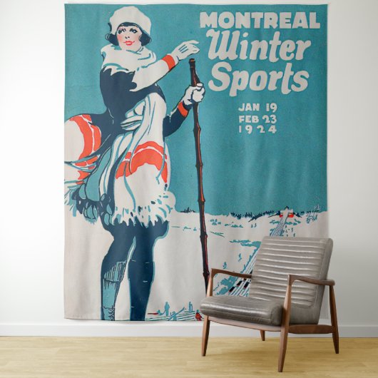 Oude poster Skiing 1924 in Montreal wintersport Wandkleed (In situ)