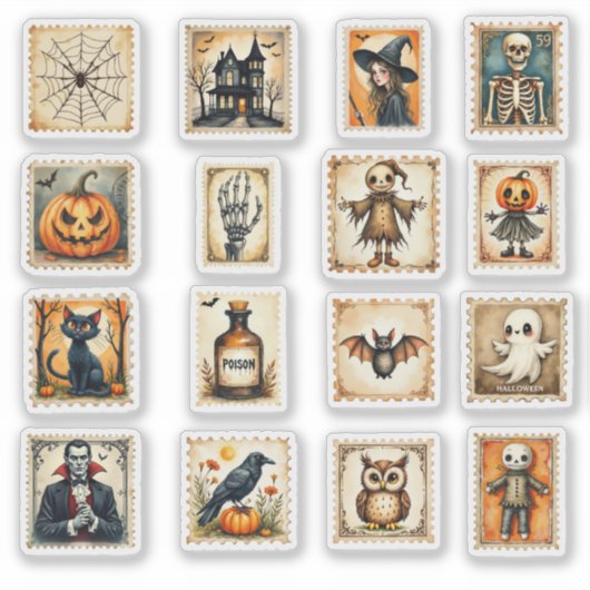 Oude postzegelstickers in Halloweenstijl set Sticker (Voorkant)