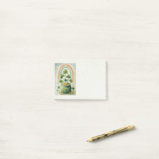 Oude pot met goud en regenboog post-it® notes (Op bureau)