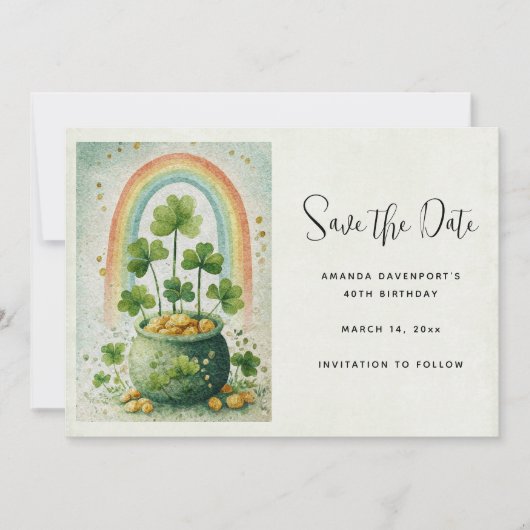 Oude pot met goud en regenboog save the date (Voorkant)