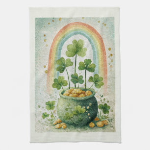 Oude pot met goud en regenboog theedoek