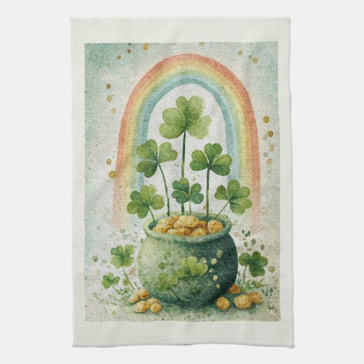 Oude pot met goud en regenboog theedoek (Verticaal)