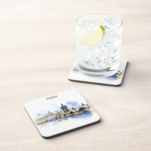 Oude Praag, Karelsbrug waterverf Bier Onderzetter (Rechterzijde)