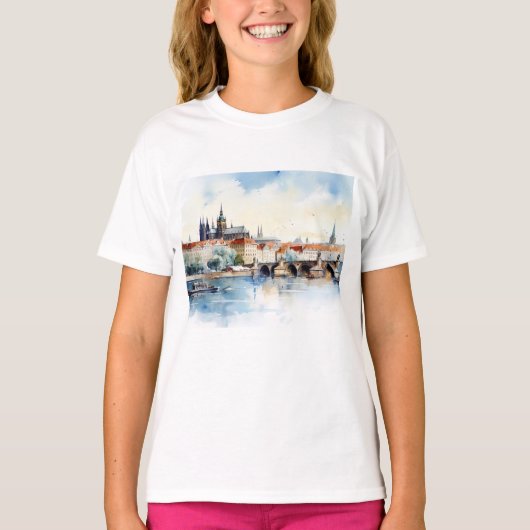 Oude Praag, Karelsbrug waterverf T-shirt (Voorkant)