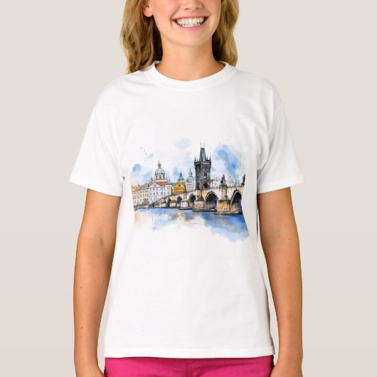 Oude Praag, Karelsbrug waterverf T-shirt (Voorkant)
