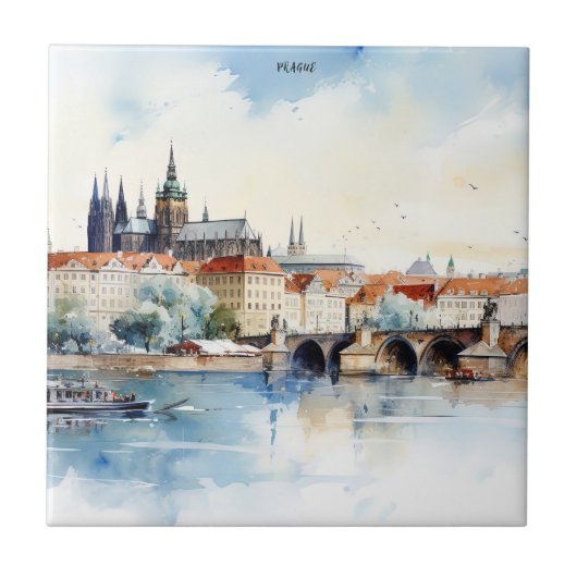 Oude Praag, Karelsbrug waterverf Tegeltje (Voorkant)