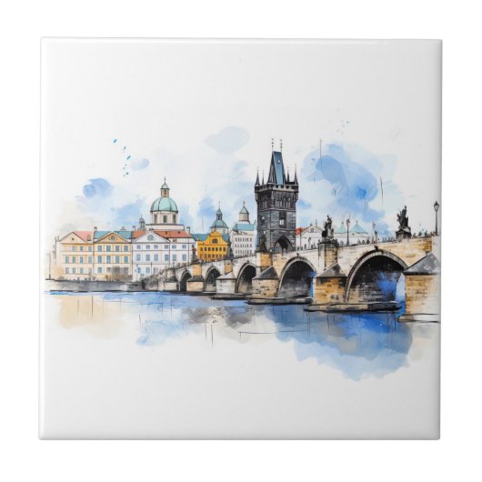Oude Praag, Karelsbrug waterverf Tegeltje (Voorkant)