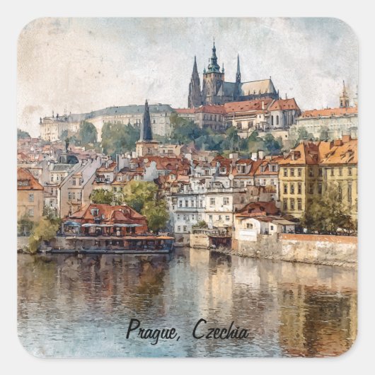 Oude Praag Tsjechië Aquarel Schilderij Vierkante Sticker (Voorkant)