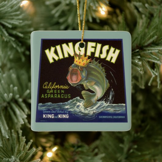Oude product blik label kunst, Kingfish asperges Keramisch Ornament (Boom)
