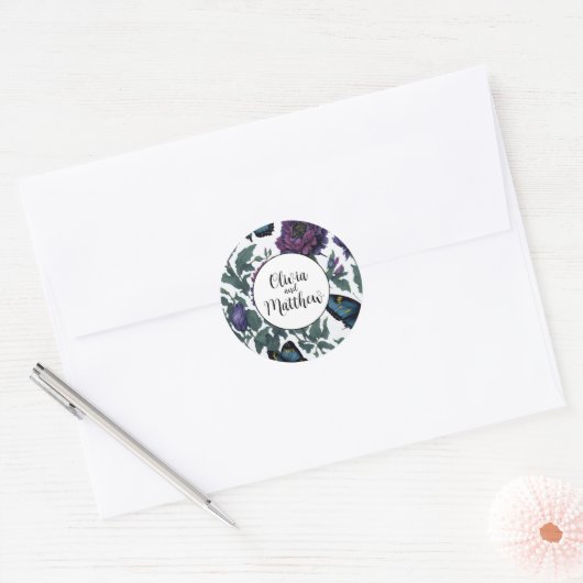 Oude pruim paars magenta bloemen vlinders ronde sticker (Envelop)