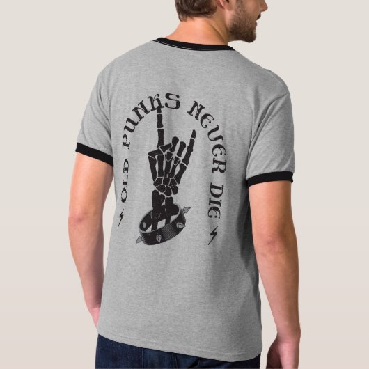 Oude punks sterven nooit skeleton rock op gothic t-shirt (Achterkant)