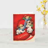 Oude Puppy's Cheerio Kerstmis Kaart (Gele Bloem)