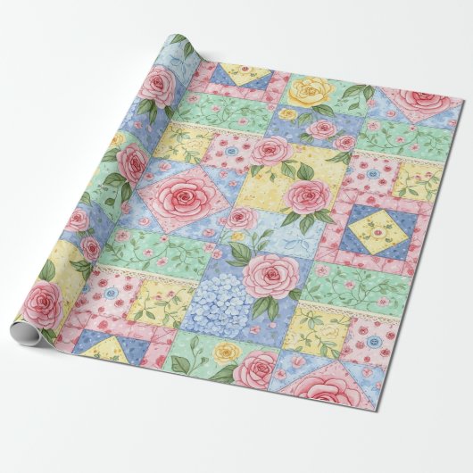 Oude quilt roos patroon cadeaupapier (Uitgerold)