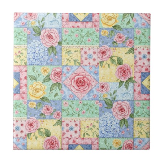 Oude quilt roos patroon tegeltje (Voorkant)