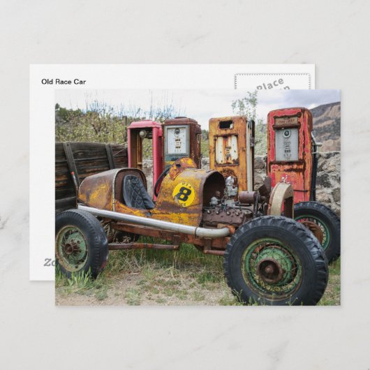 Oude race auto en gaspompen Briefkaart (Voorkant / Achterkant)