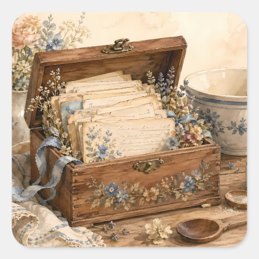Oude Receptendoos Cottage Keuken Vierkante Sticker (Voorkant)