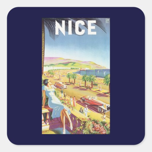 Oude Reisposter, Nice, Frankrijk Franse Riviera Vierkante Sticker (Voorkant)