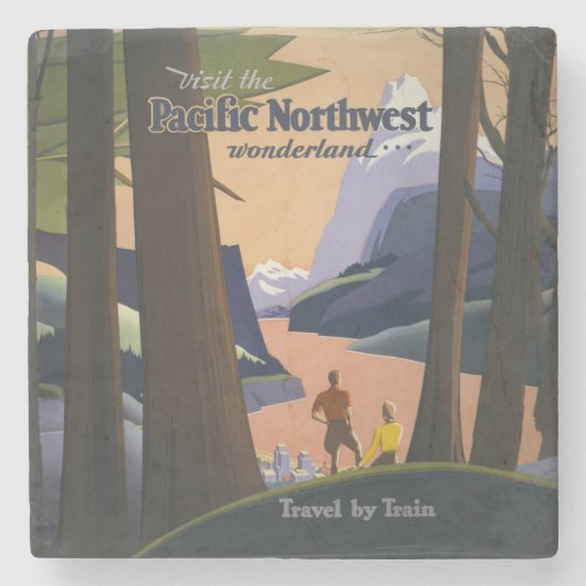 Oude reisposter Pacific Northwest 1925 Trein Stenen Onderzetter (Voorkant)