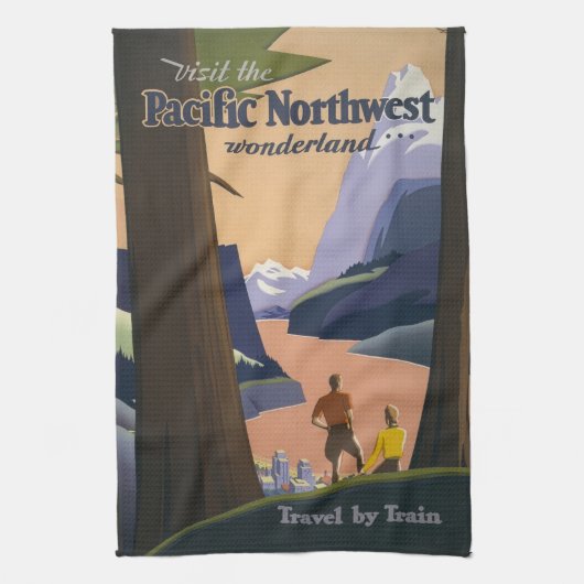 Oude reisposter Pacific Northwest 1925 Trein Theedoek (Verticaal)