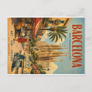 Oude reisposter van Barcelona met Middellandse Zee Feestdagenkaart